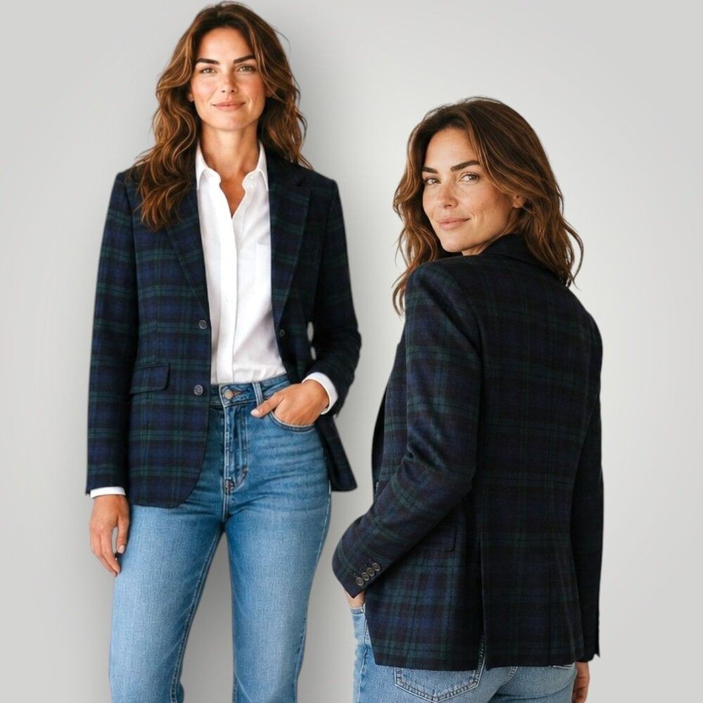 EDDIE BAUER Wool Blend Blazer Jacket Women 8P Blackwatch Tartan Plaid Green Navy